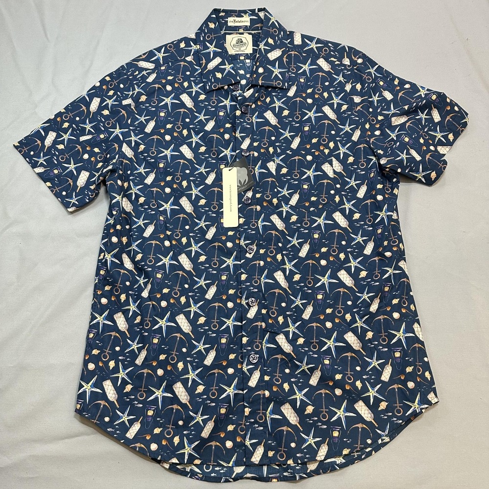 Kennington Shirt Mens M Blue Nautical Starfish Anchor AOP Casual Estate